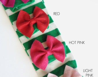 Green and White Striped baby leg warmers with bow