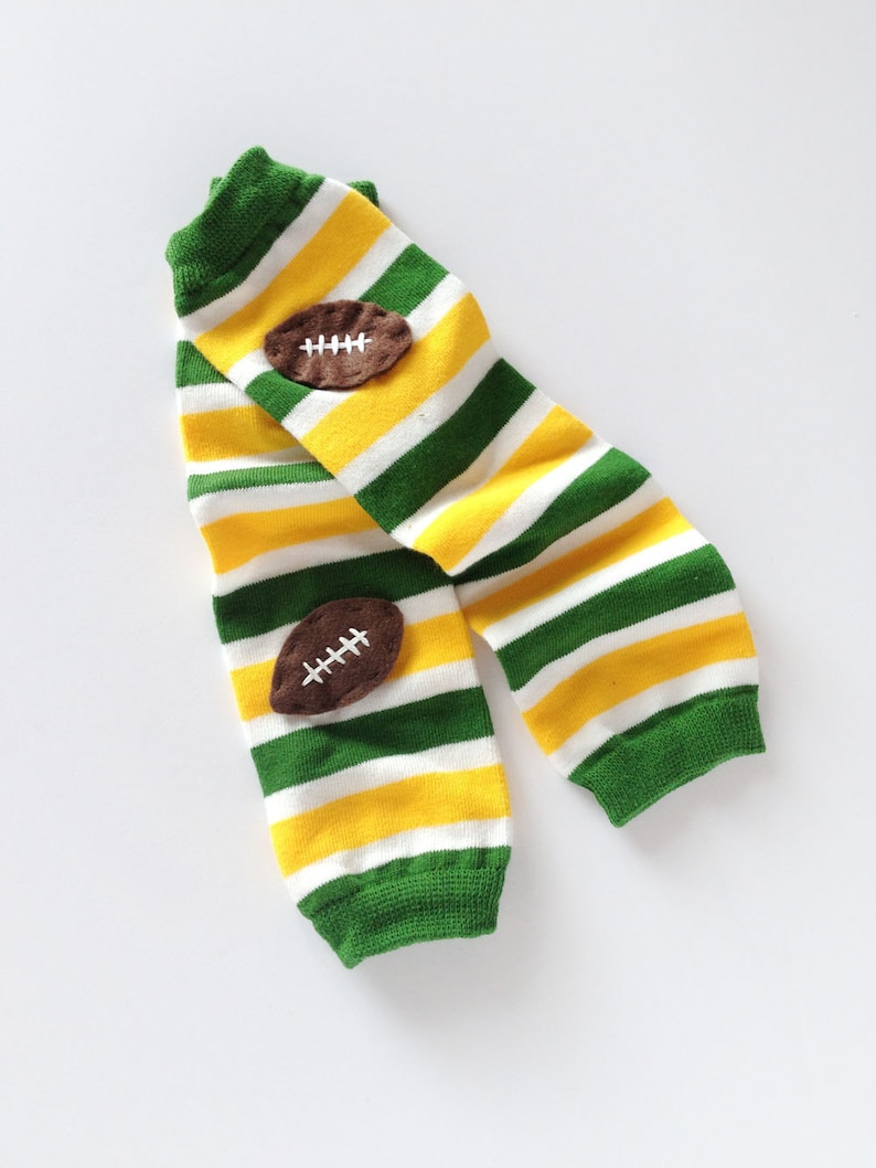 Snack Size Leg Candy Football Baby Leg Warmers: green, yellow, white stripes with footballs image 2