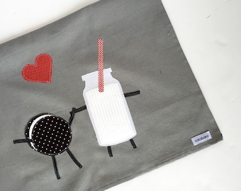 Cookies and Milk Kitchen Towel - Anniversary, Wedding, Housewarming - Applique on Grey Tea Towel