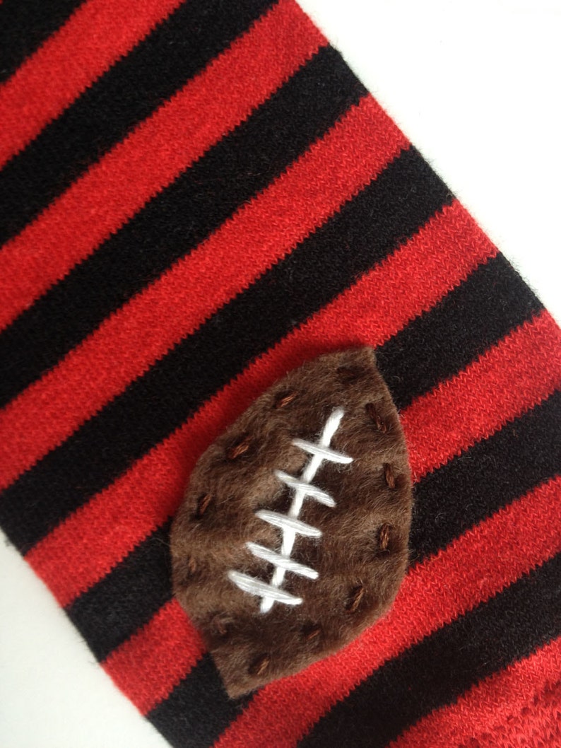 Football Baby Leg Warmers: red and black stripes with footballs image 3