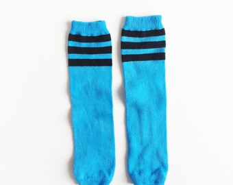 Sale! Blue Tube Sock Baby Leg Warmers - hand dyed blue with black stripes