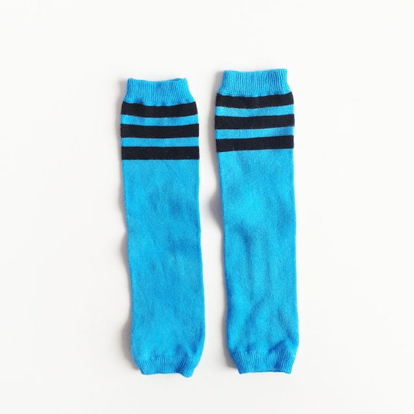 Sale! Blue Tube Sock Baby Leg Warmers - hand dyed blue with black stripes