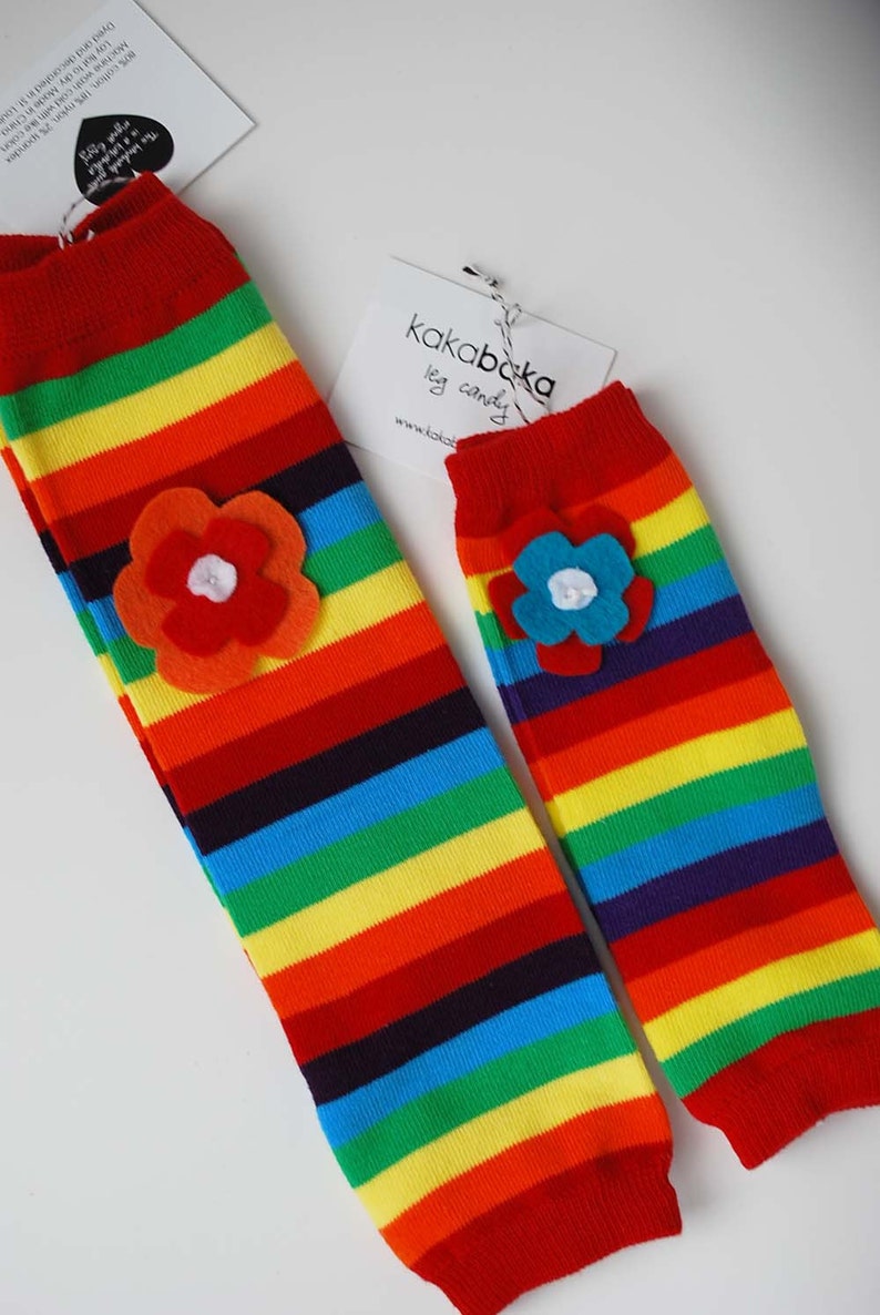 Newborn Rainbow Flower Baby Leg Warmers: flowers on rainbow striped leg candy image 3