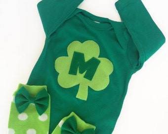 St. Patrick's Day Green Shamrock Initial One Piece Bodysuit With Polka Dotted Baby Leg Warmers Bow