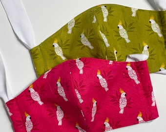 Parrot Fabric Face Mask With Pocket for filter and fabric ties, Cockatoo face mask