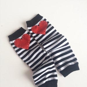 Striped Heart Baby Leg Warmers: Black and White Stripes with red heart applique image 2