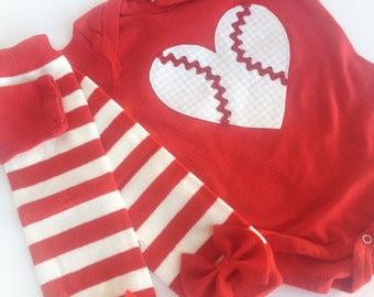 Valentine's Day One Piece Bodysuit Baseball Bodysuit with striped bow leg warmers