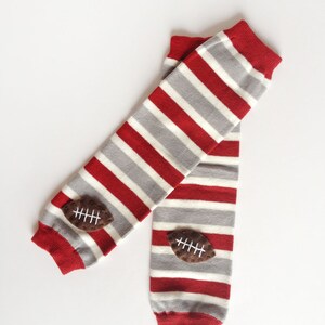 Football Baby Leg Warmers: maroon, silver grey and white stripes with footballs Snack Size Leg Candy image 2