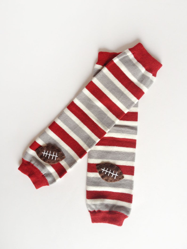 Football Baby Leg Warmers: maroon, silver grey and white stripes with footballs Snack Size Leg Candy image 2