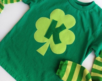 St. Patrick's Day Green Shamrock Initial T-Shirt & Striped Leg Warmers for babies, kids and toddlers