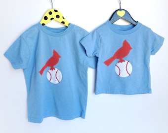 Cardinal Bird on a Baseball T Shirt for Kids, Babies and Toddlers - Blue, Pink