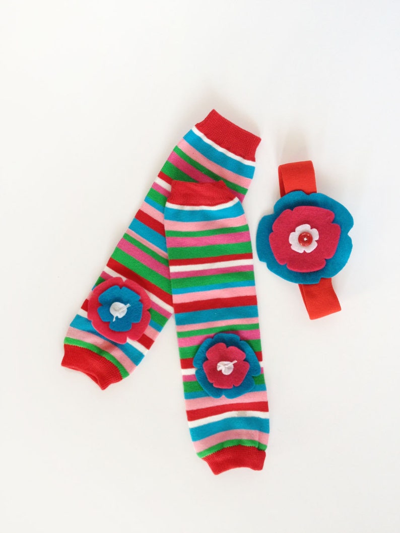 Flower Baby Leg Warmers Aqua Red Pink Stripes With Matching Etsy