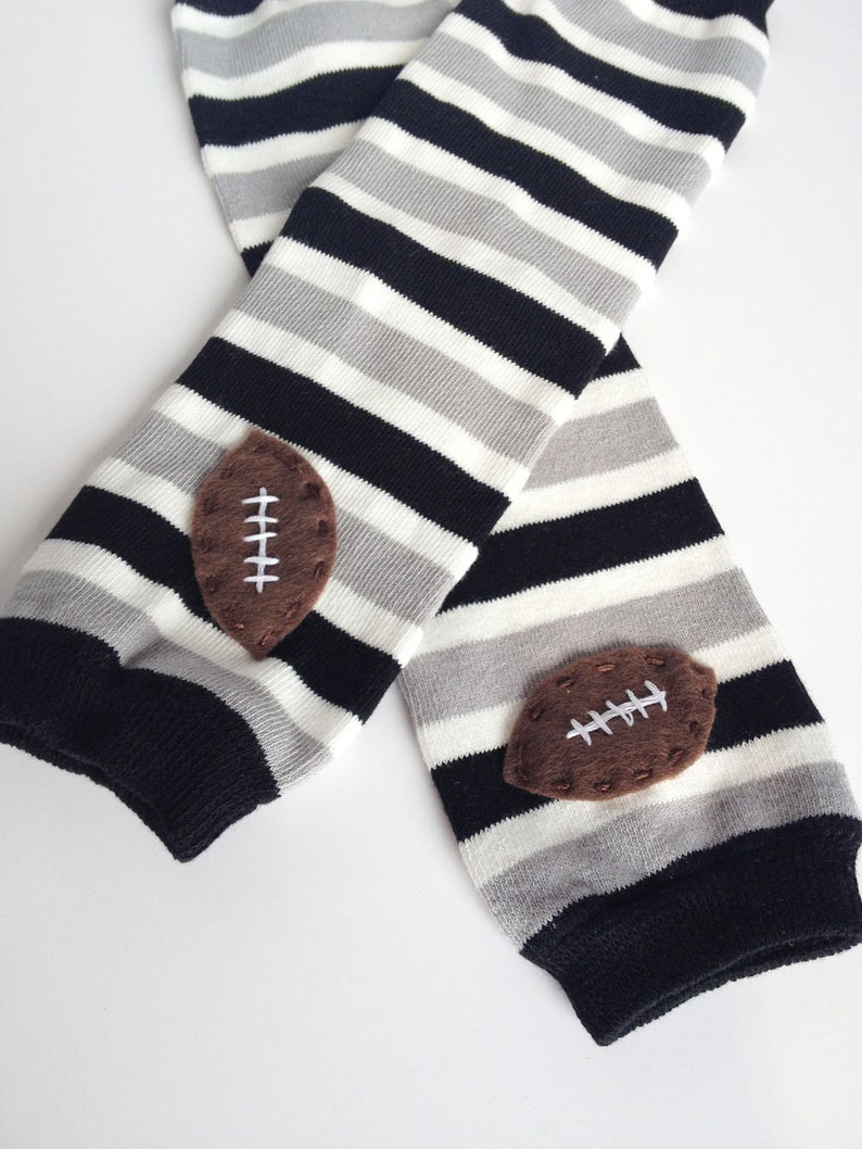 Football Baby Leg Warmers: black, grey and white stripes with footballs Snack Size Leg Candy image 1