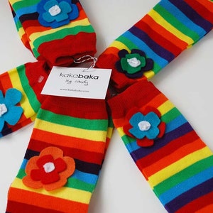 Newborn Rainbow Flower Baby Leg Warmers: flowers on rainbow striped leg candy image 1