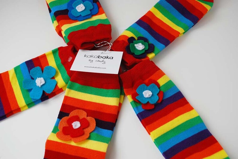 Newborn Rainbow Flower Baby Leg Warmers: flowers on rainbow striped leg candy image 1