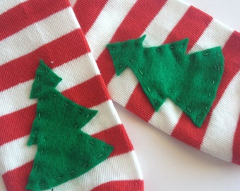 Christmas Leg Warmers, Christmas Tree Applique on Red and White Striped baby leg warmers