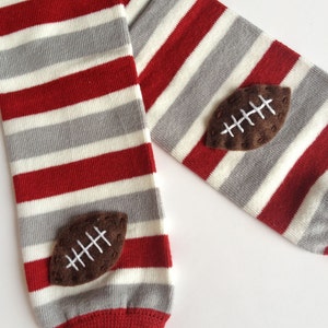 Football Baby Leg Warmers: maroon, silver grey and white stripes with footballs Snack Size Leg Candy image 1