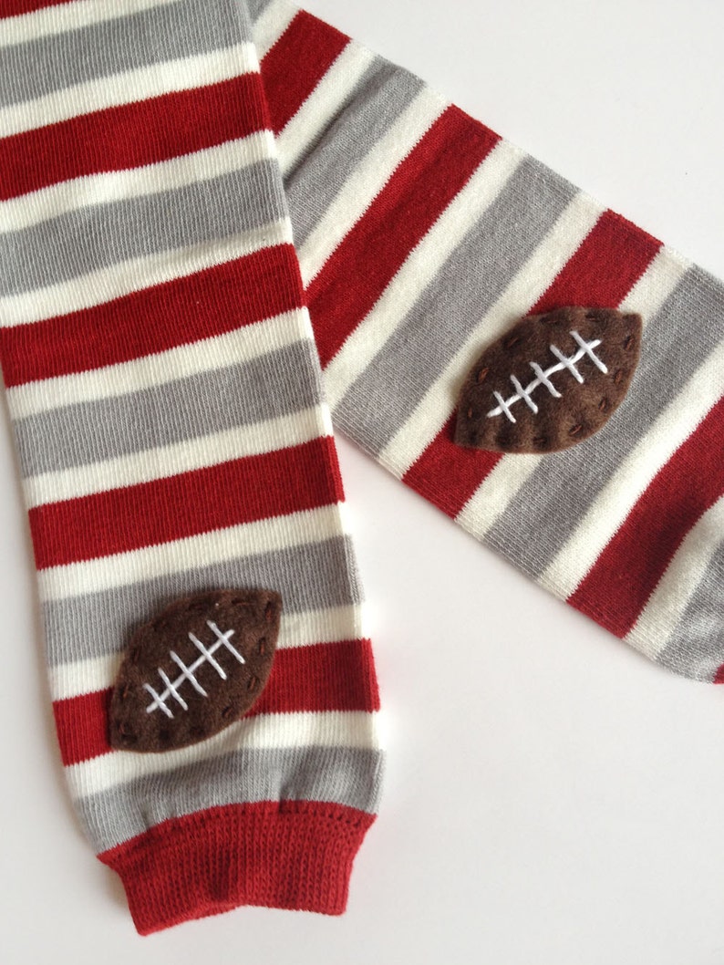 Football Baby Leg Warmers: maroon, silver grey and white stripes with footballs Snack Size Leg Candy image 1