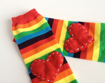 Valentine Heart Baby Leg Warmers: Rainbow stripe with red heart