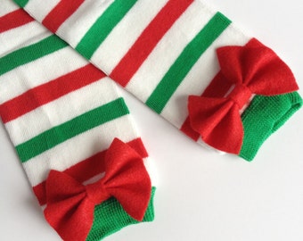 Christmas Green and Red striped baby leg warmers with Green or Red Felt Bow