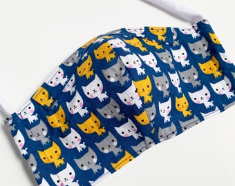 Navy Blue Cat Fabric Face Mask With Pocket for filter and fabric ties, cat face mask