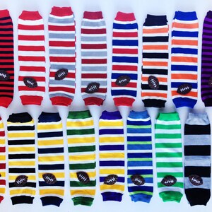 Snack Size Leg Candy Football Baby Leg Warmers: green, yellow, white stripes with footballs image 5