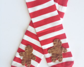 Christmas Leg Warmers, Gingerbread Man on Red and White Striped baby leg warmers