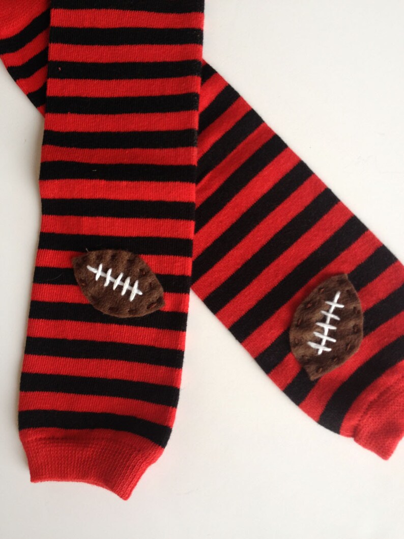 Football Baby Leg Warmers: red and black stripes with footballs image 1