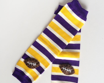 Football Baby Leg Warmers: purple, yellow gold and white stripes with footballs