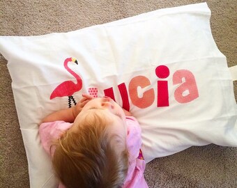 personalized kids decor Personalized Pillow Case, Flamingo Pillow, pink peach coral Applique Letters 320 Thread Count Satin