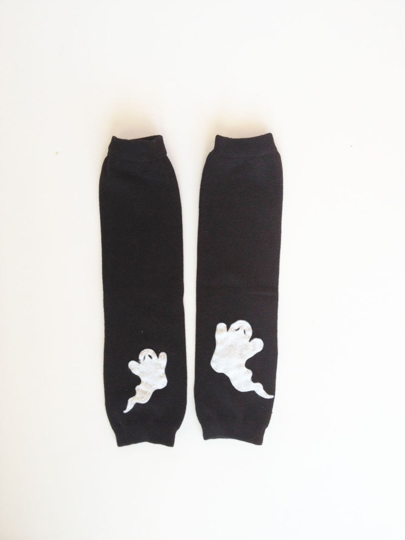 Halloween Baby Leg Warmers solid black with white ghost image 4