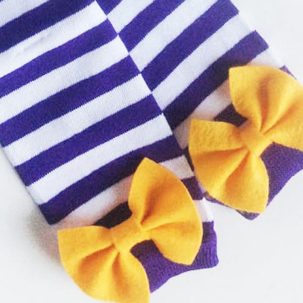 Mardi Gras Baby Leg Warmers, Purple and White striped leg warmers with Gold Bow