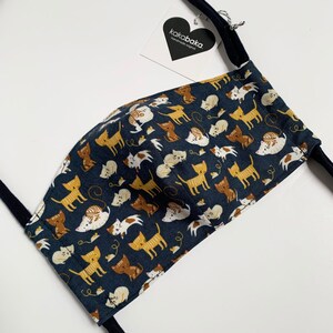 Navy Blue Cat Fabric Face Mask With Pocket for filter and fabric ties, cat face mask image 2
