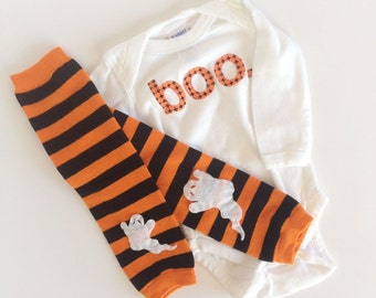 Halloween boo one piece and striped baby leg warmers with ghost