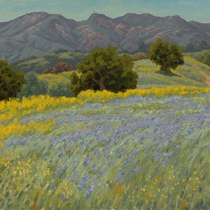 California Wildflowers Original Landscape Oil Painting, Lupin and Mustard in Topanga