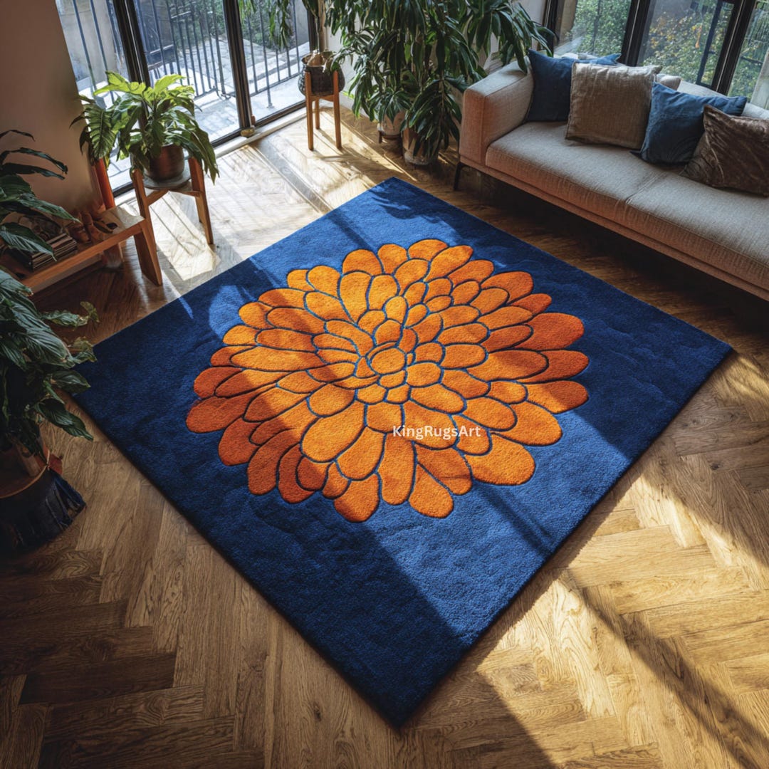 Hand-tufted Wool Flower Rug | Modern Blue & Orange Floral Area Rug - Etsy