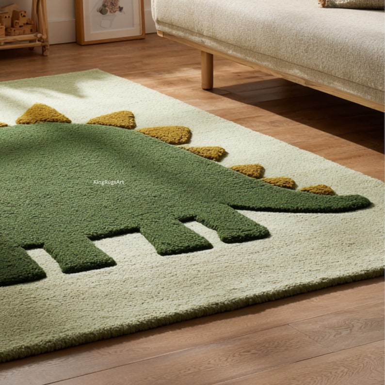 Hand-tufted Wool Dinosaur Rug | Green Dino Kids Carpet - Etsy