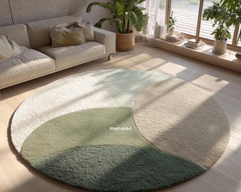 Round Abstract Wool Rug | Hand-Tufted Organic Shape Round Rug in Sage Green & Ivory | Modern Living Room Area Rug