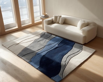 Hand-Tufted Wool Rug, Modern Abstract Blue Grey Carpet
