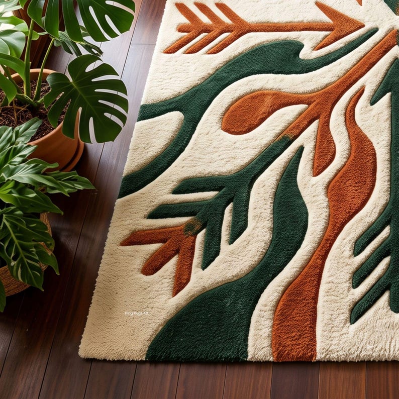 Ivory Terracotta & Green New Zealand Wool Rug | Hand-tufted Abstract ...