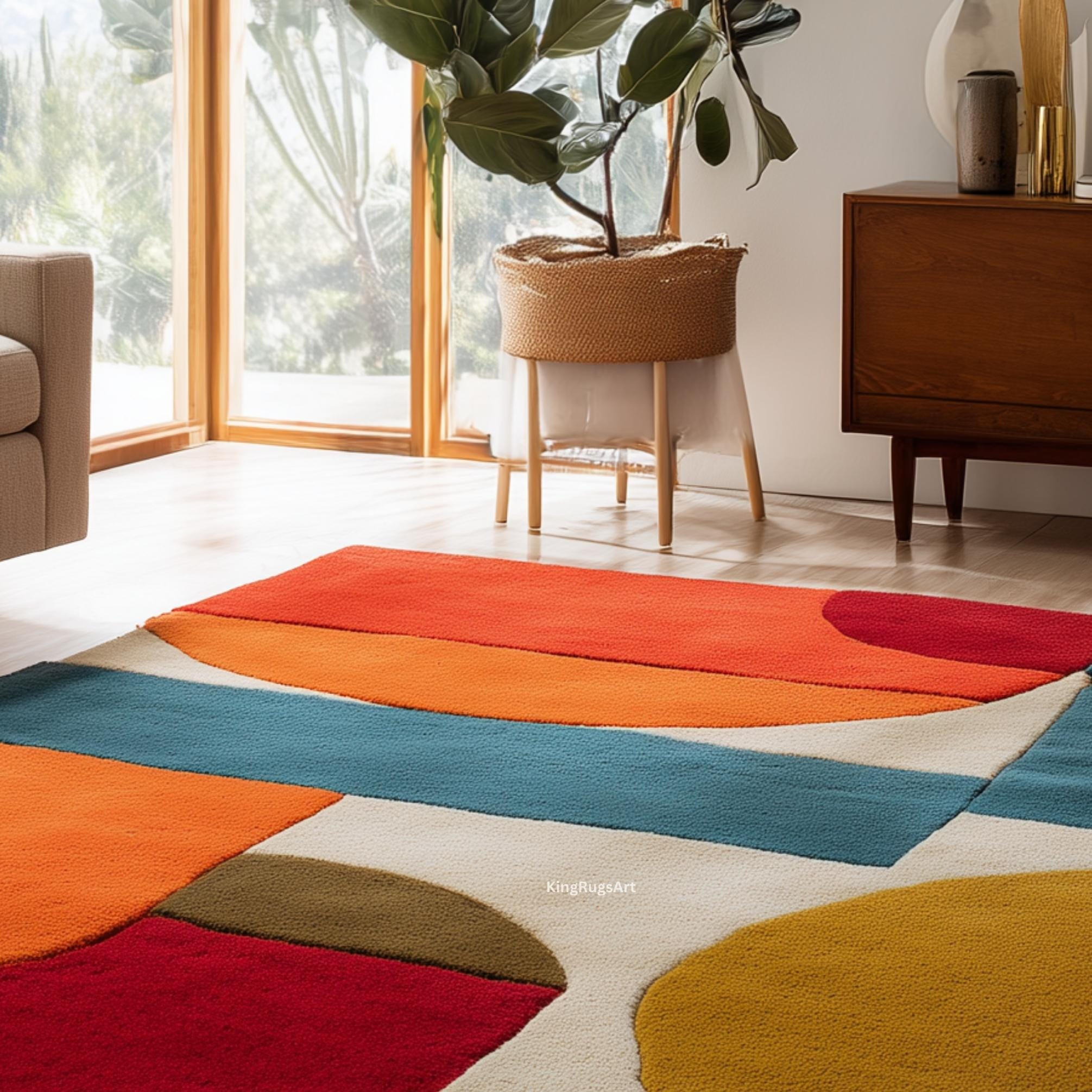 Colorful Multi Abstract Rug Colorful Abstract Wool Area Rug – Bold Mid-century Geometric Design ...