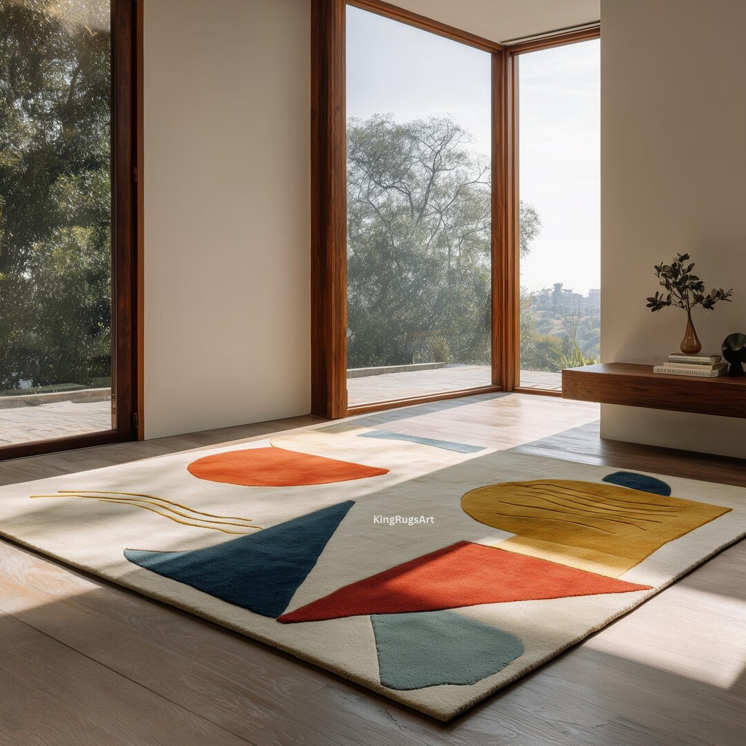 Modern Style Rug Modern Abstract Geometric Wool Rug – Colorful Hand-tufted Mid-century ...
