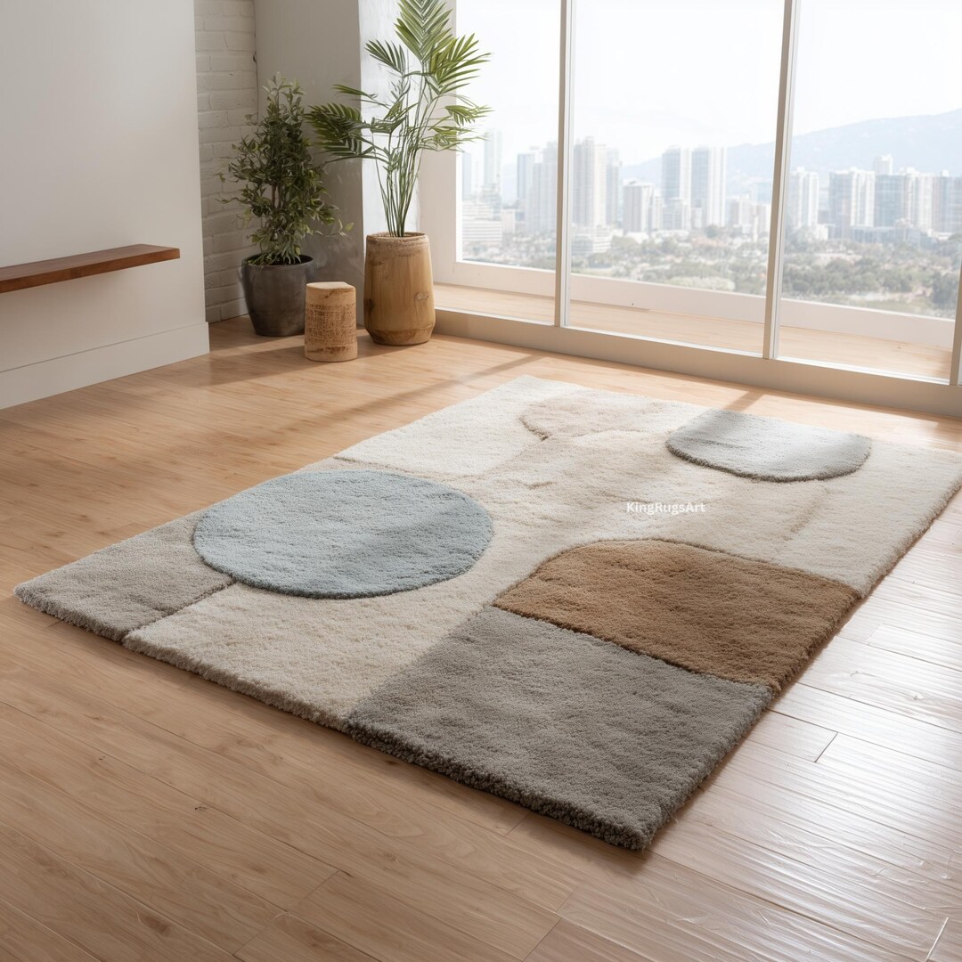 Minimalist Neutral Wool Rug – Hand-tufted Geometric Design in Beige ...
