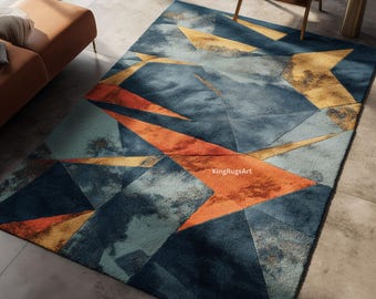 Moderner Abstrakter Wollteppich | Handgetufteter Geometrischer Teppich in Blau, Orange & Senf | Zeitgenössischer, Kunst-inspirierter Woll-Teppich für das Wohnzimmer