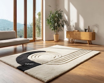 Hand-Tufted Wool Rug | Black and Ivory Abstract Geometric Carpet
