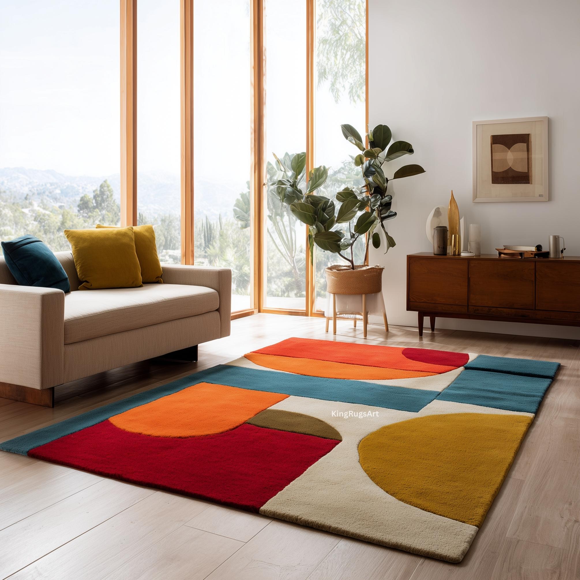 Colorful Abstract Wool Area Rug – Bold Mid-century Geometric Design ...