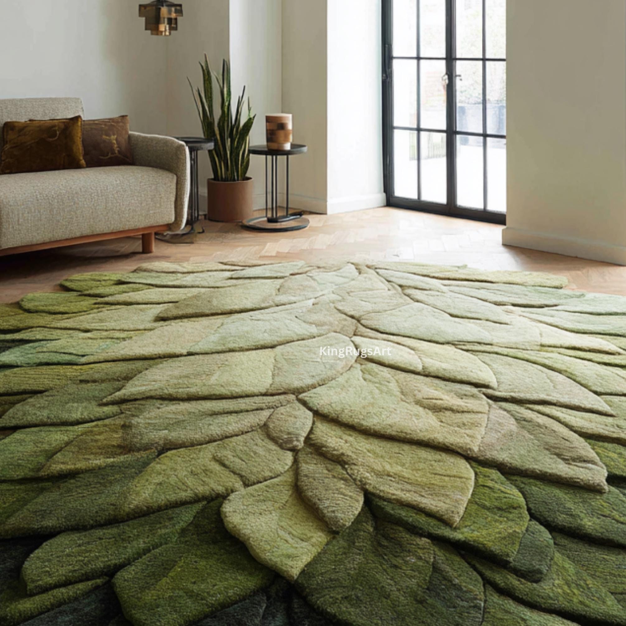 Leafy Handmade Rug Hand-tufted Wool Area Rug | Green Leaf Petal Design, Custom Size - Etsy