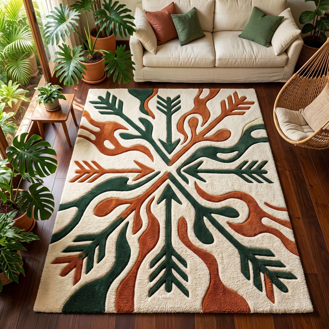 Ivory Terracotta & Green New Zealand Wool Rug | Hand-tufted Abstract ...