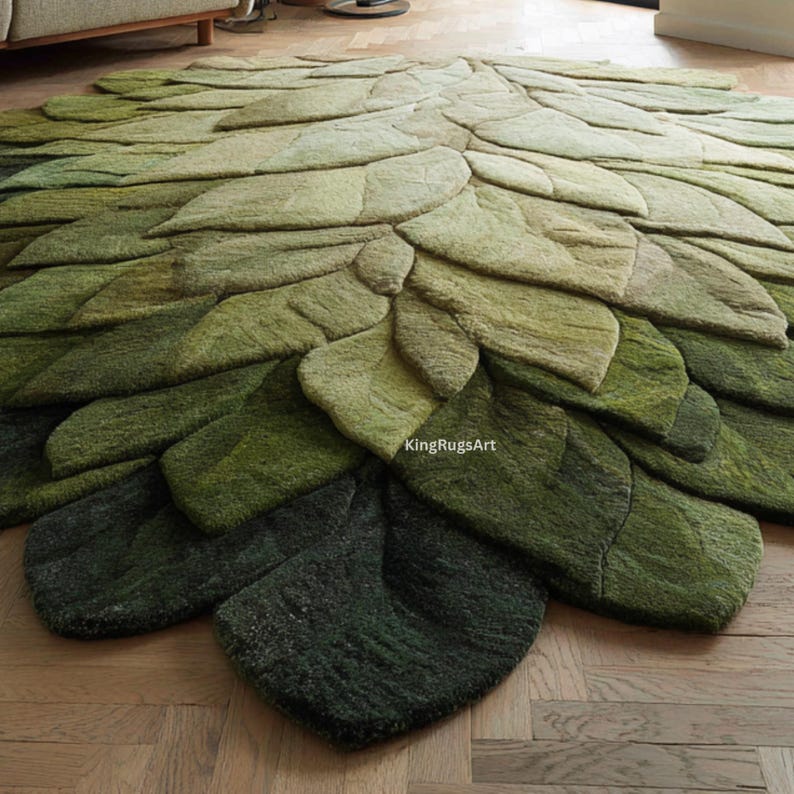 Leafy Handmade Rug Hand-tufted Wool Area Rug | Green Leaf Petal Design, Custom Size - Etsy
