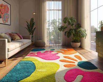 Hand-Tufted Wool Rug | Modern Abstract, Pink Green Blue